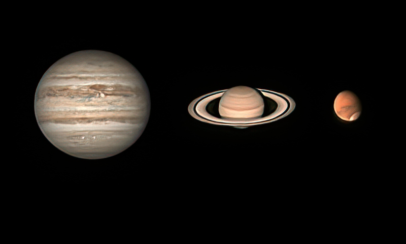 同一日の木星、土星、火星